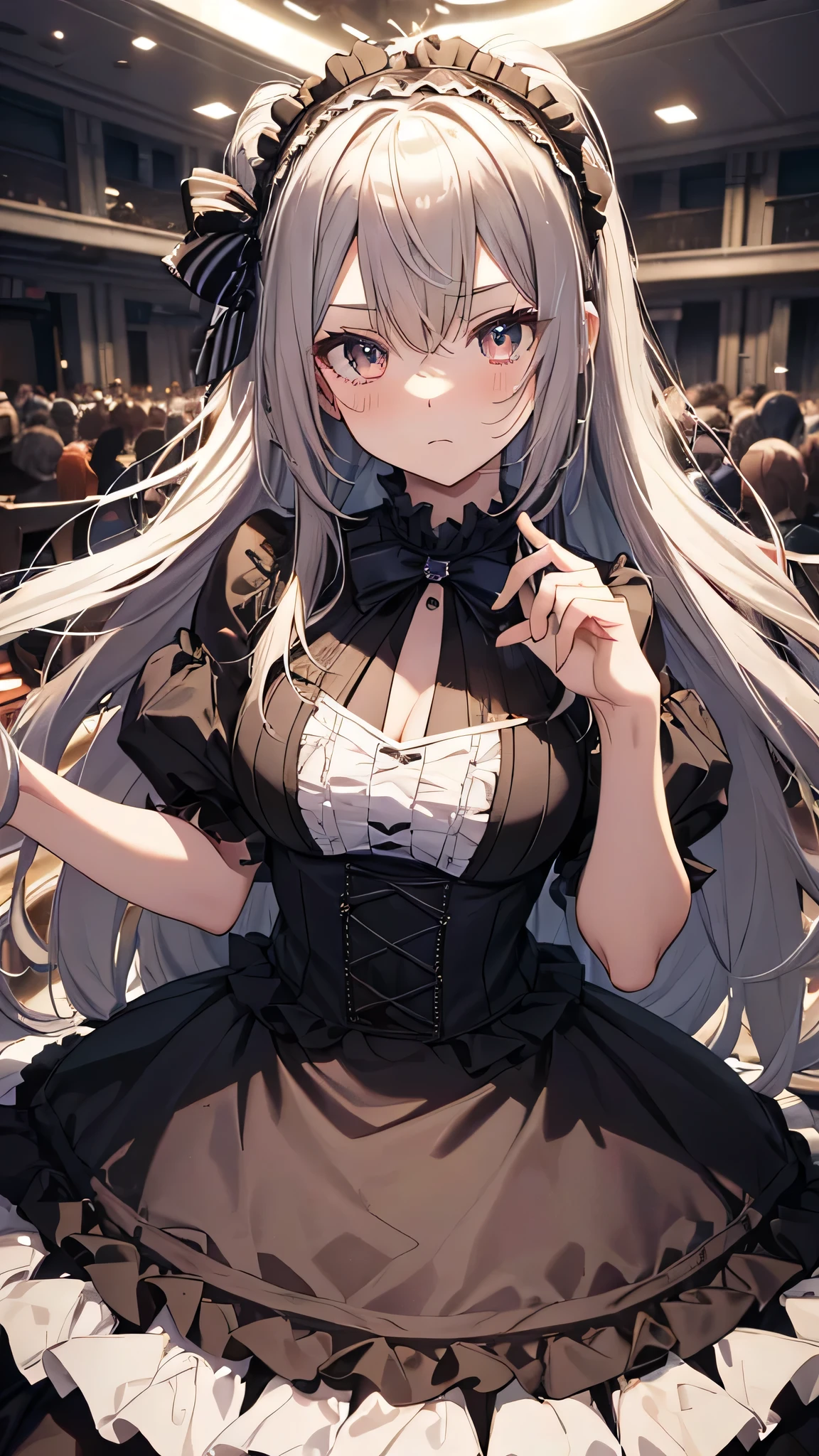 Striped Hair, Messy Hair, Big Hair, ((Expressive hair)), Lolita Hairband, Cinema Lighting, Bust Chart, First Person View, Ultra-high resolution, (((masterpiece, Textured skin))), (Super detailed), Attention to detail, high quality, ((最high quality)), 16K, Gothic Lolita Costumes, Upturned eyes, pretty girl, Ruffled dress