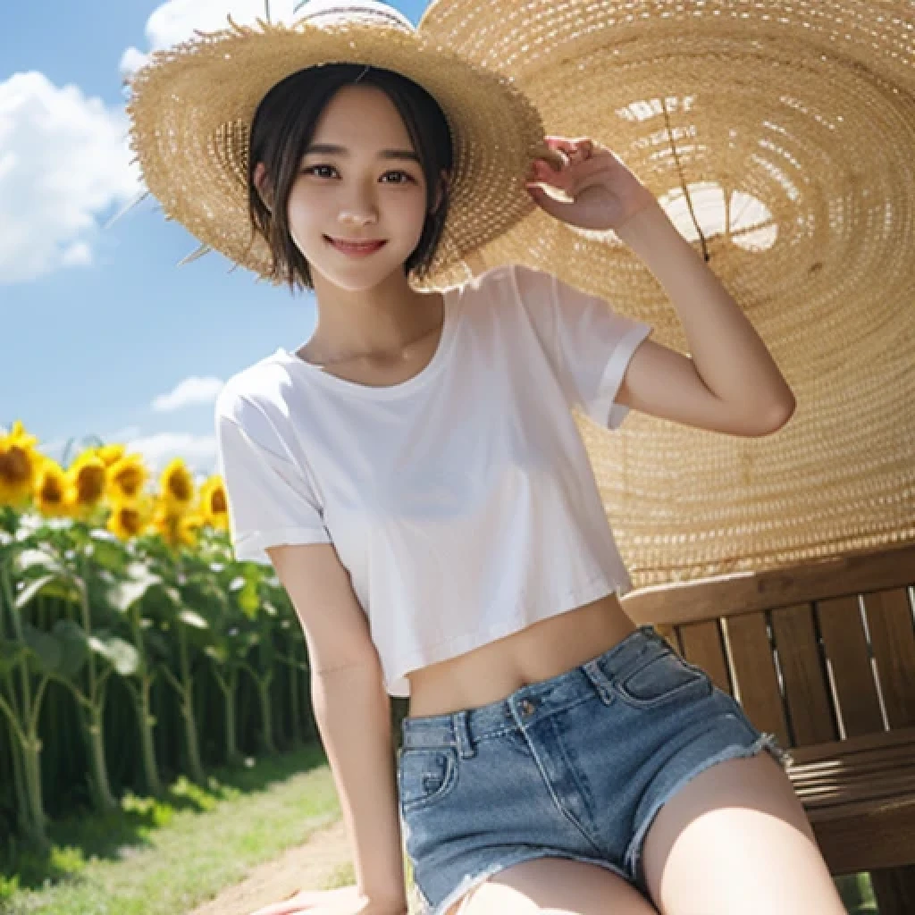 Japanese、18-year-old、Very slim、((Smiling))、Summer clothing、Blue sky、White cloud、sunflower、Straw hat、T-Shirts、Shorts、short hair