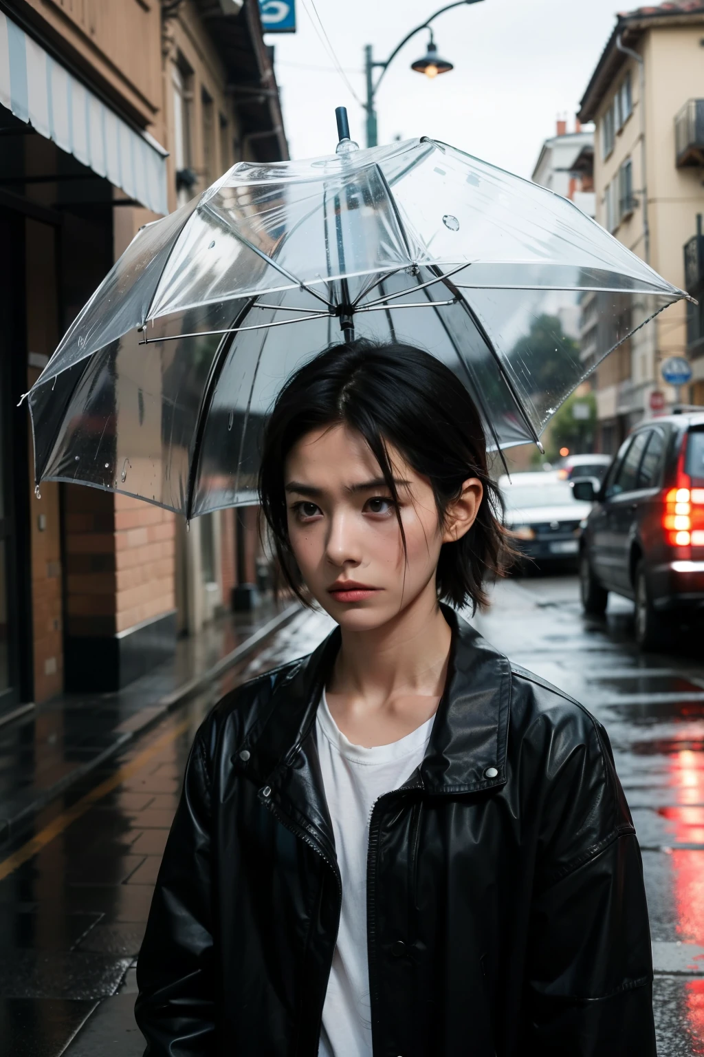rainy street, on a rainy street , Staring vaguely with sad eyes