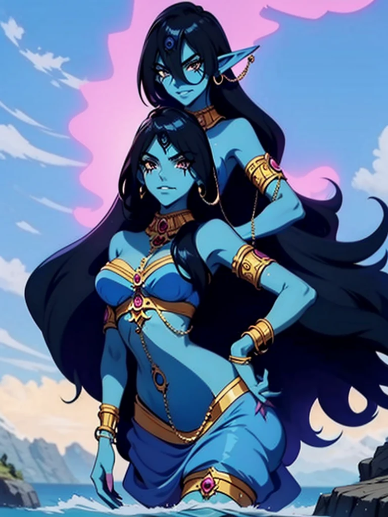 (Masterpiece, best quality, official art, 8K), ultra-detailed, 1 anime girl with blue hair and a chain around her neck, Human Hybrid Djinn, genie, (((ALONE))), Female Water Elemental Asian, Goddess Inanna, Maya Ali sorceress, The Greek goddess Afrotita, aesthetic!!!!!! 1 female genie, beautiful genie, evil goddess, maya ali as a storm sorceress, maya ali as a wind wizard, color concept art, spiritual fantasy concept art, Human Hybrid Djinn, complex fantasy character, blue-skinned elf.