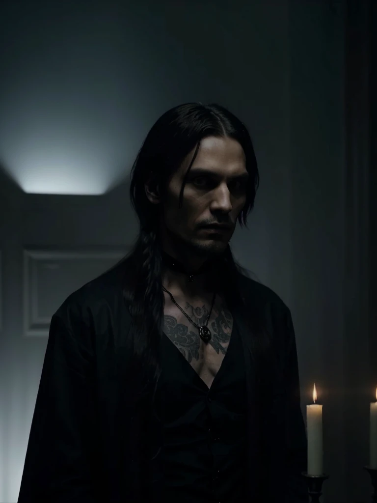 a man with long hair and a black shirt standing in a dark room, vampire, victorian vampire, delaroche, felix englund style, felix englund, screenshot from morbius (2022), kramskoi 4 k, frank dillane as puck, dark, male vampire, mads mikkelsen as a vampire, as a solomon kane