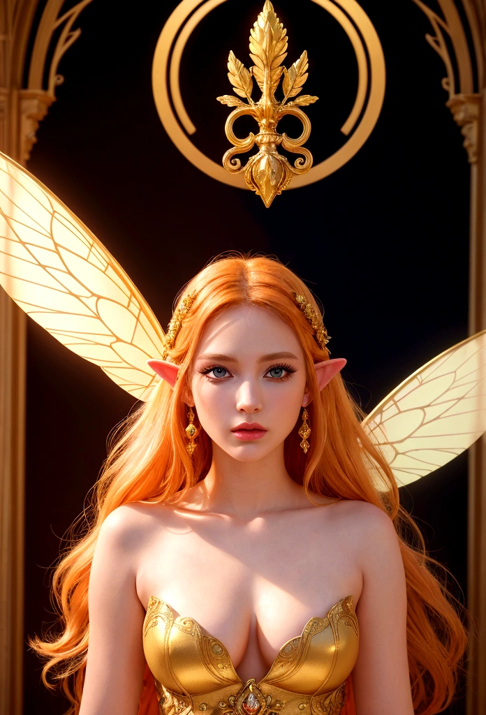 1 elf goddess, golden dress, Unreal Engine, 8K, digital art, art manure, 3d, movie stills, disapproval, subtle lighting, intricate details, realistic, cinematic, dramatic pose, shiny orange blonde hair, ( beautiful detailed eyes, beautiful and delicate lips, very detailed face_pale skin, long eyelashes ), Transparent fairy wings larger than the upper body, A dreamy, mysterious world, glowing aura, fancy, epic, masterpiece