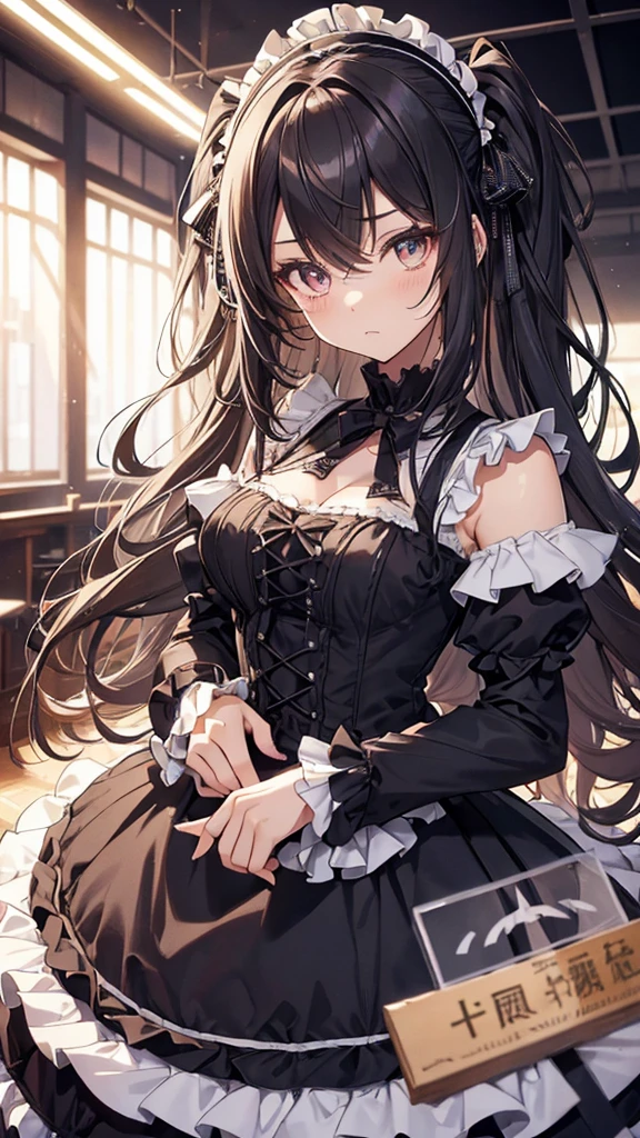 Striped Hair, Messy Hair, Big Hair, ((Expressive hair)), ta Hairband, Cinema Lighting, Bust Chart, First Person View, Ultra-high resolution, (((masterpiece, Textured skin))), (Super detailed), Attention to detail, high quality, ((最high quality)), 16K, Gothic Loliostumes, Upturned eyes, pretty girl, Ruffled dress