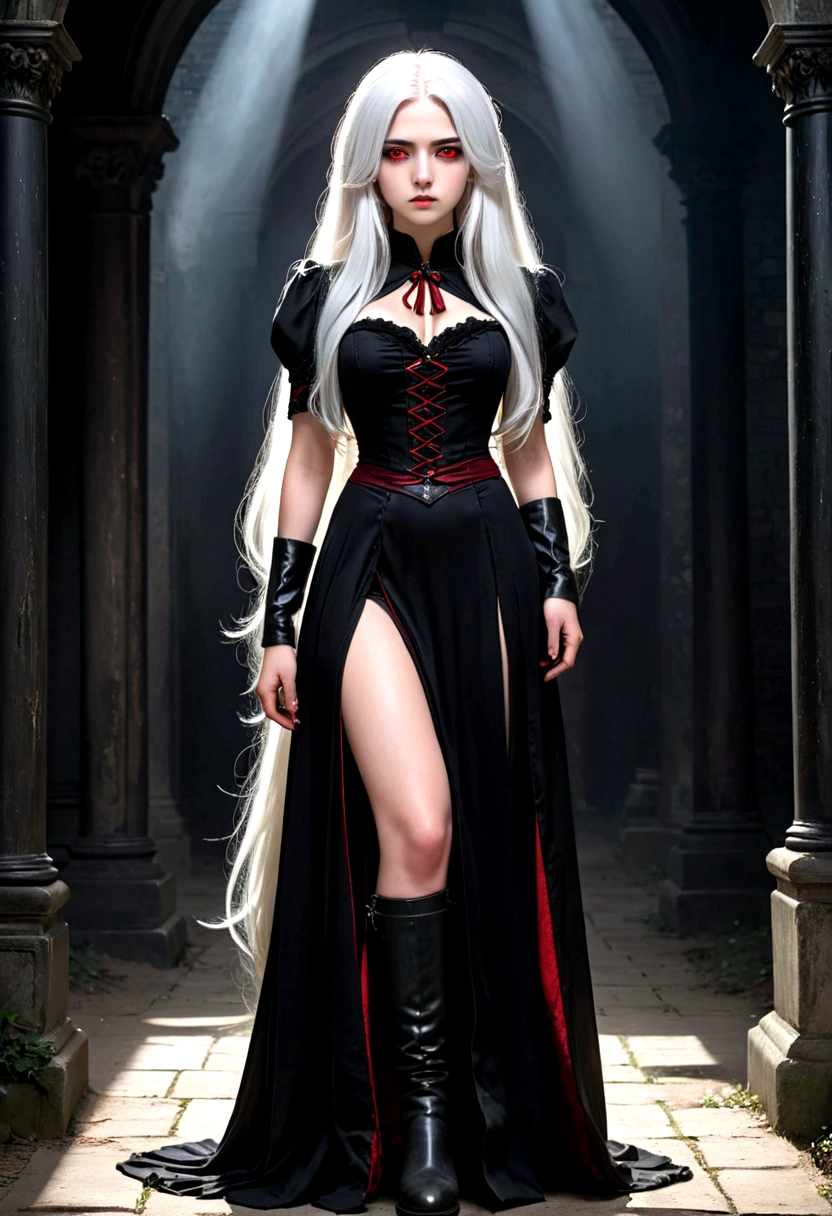 Girl, 20 years old, with long white hair down to below her waist, a serious yet tender expression, and red eyes. Her hair features black streaks. She wears antique-style clothing, a long black dress with a slit on the legs, and high black boots that almost reach her knees. Her power and background are related to shadows and darkness.