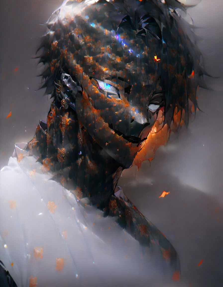 (1boy,jujutsu kaisen) solo, ((void skin color), robot, black hair, (layered cut), white bright eyes, masterpiece, best quality, high quality, upper body, male focus,