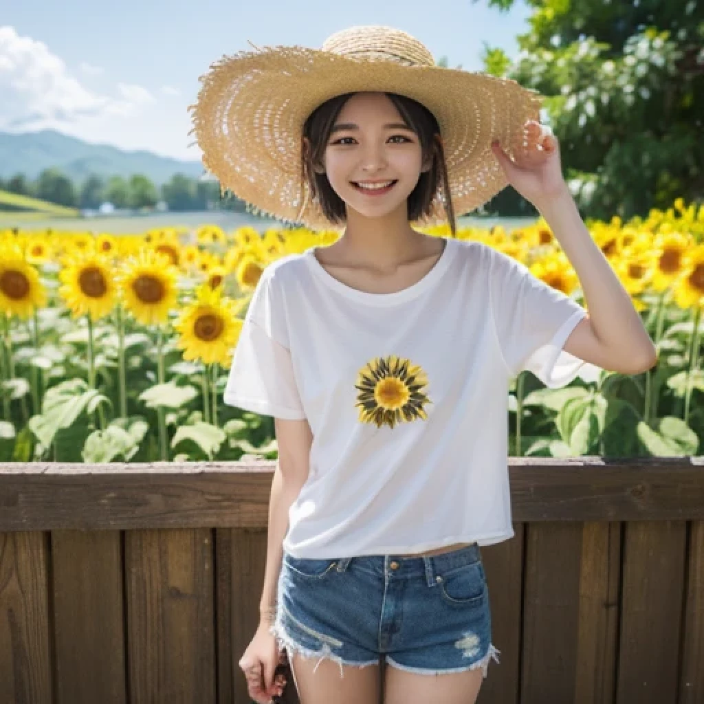 Japanese、18-year-old、Very slim、((Smiling))、Summer clothing、Blue sky、White cloud、sunflower、Straw hat、T-Shirts、Shorts、short hair