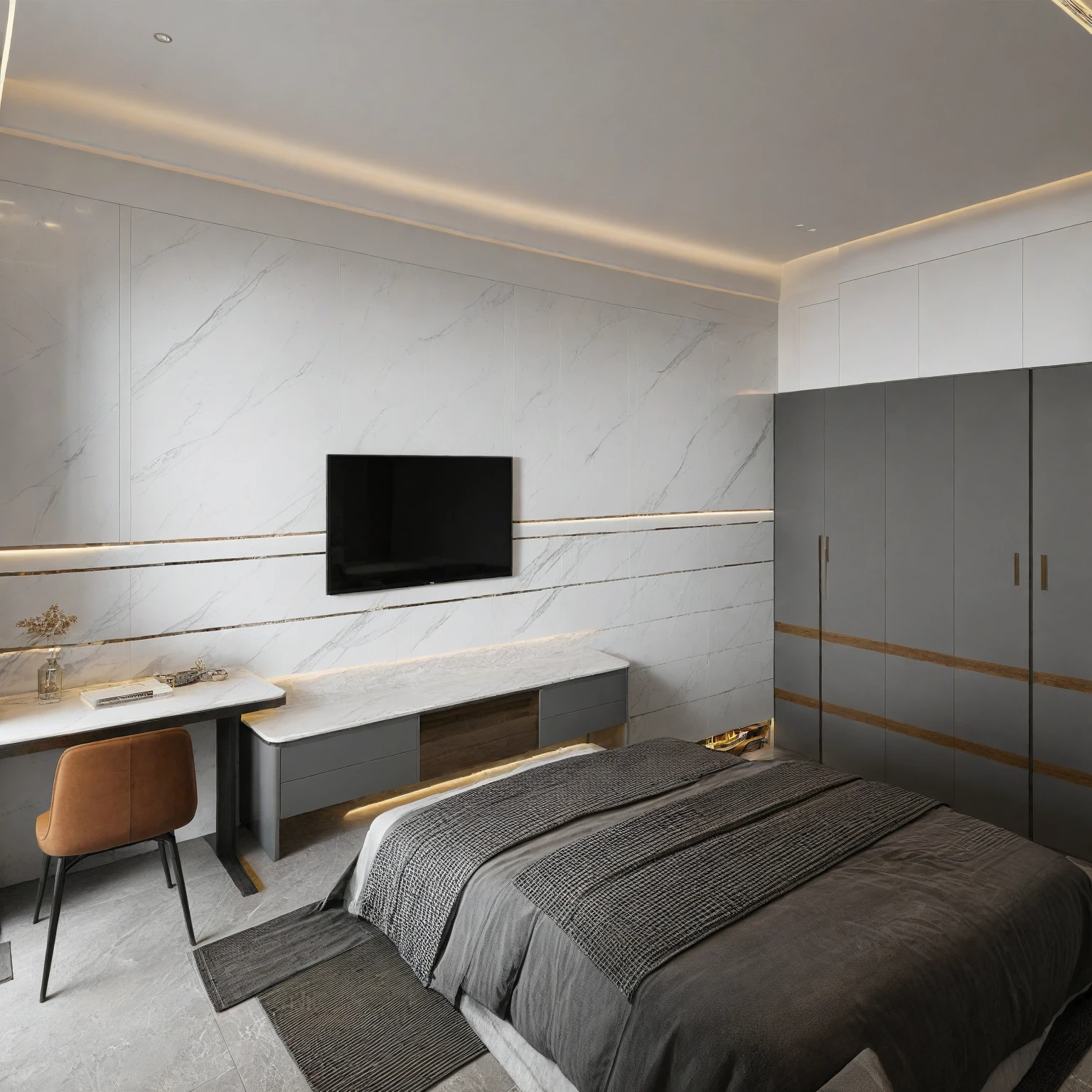 Raw photo,Masterpiece, high quality, best quality, authentic, super detail,
indoors, interior , (( BEDROOM :1.3)), modern style, daylight, (WHITE WALL),luxury, marble tile floor,