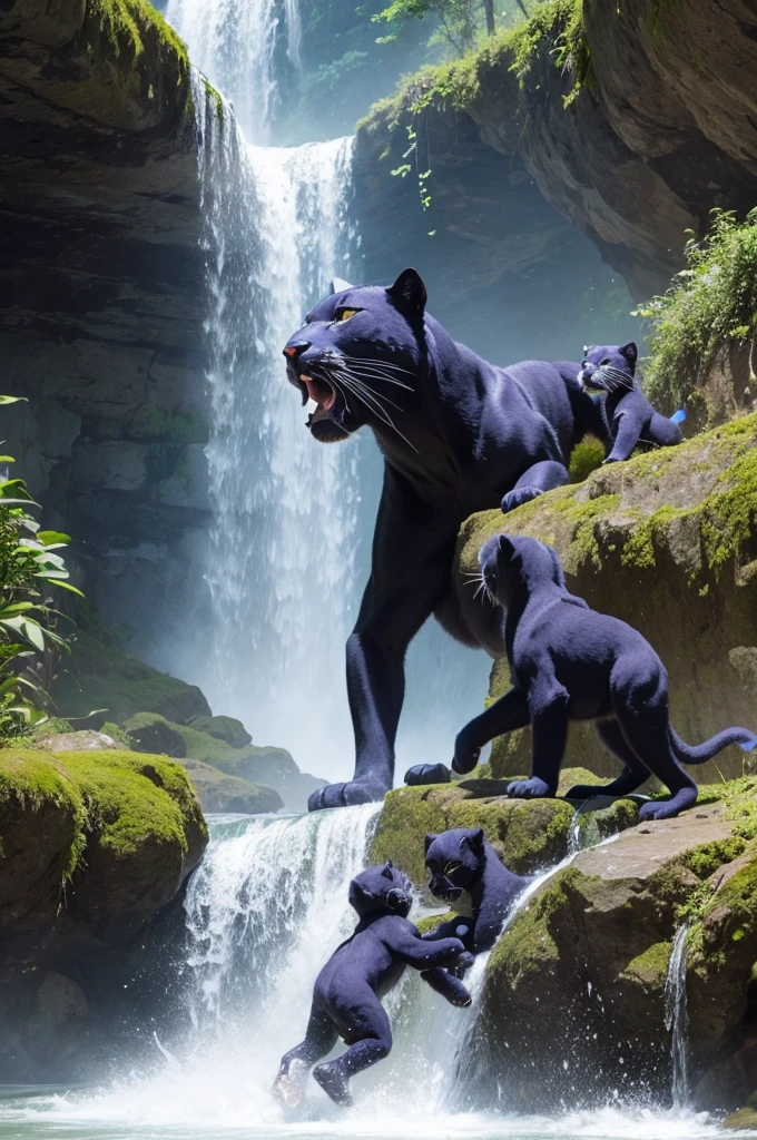 Make a panther in a waterfall with its cubs 