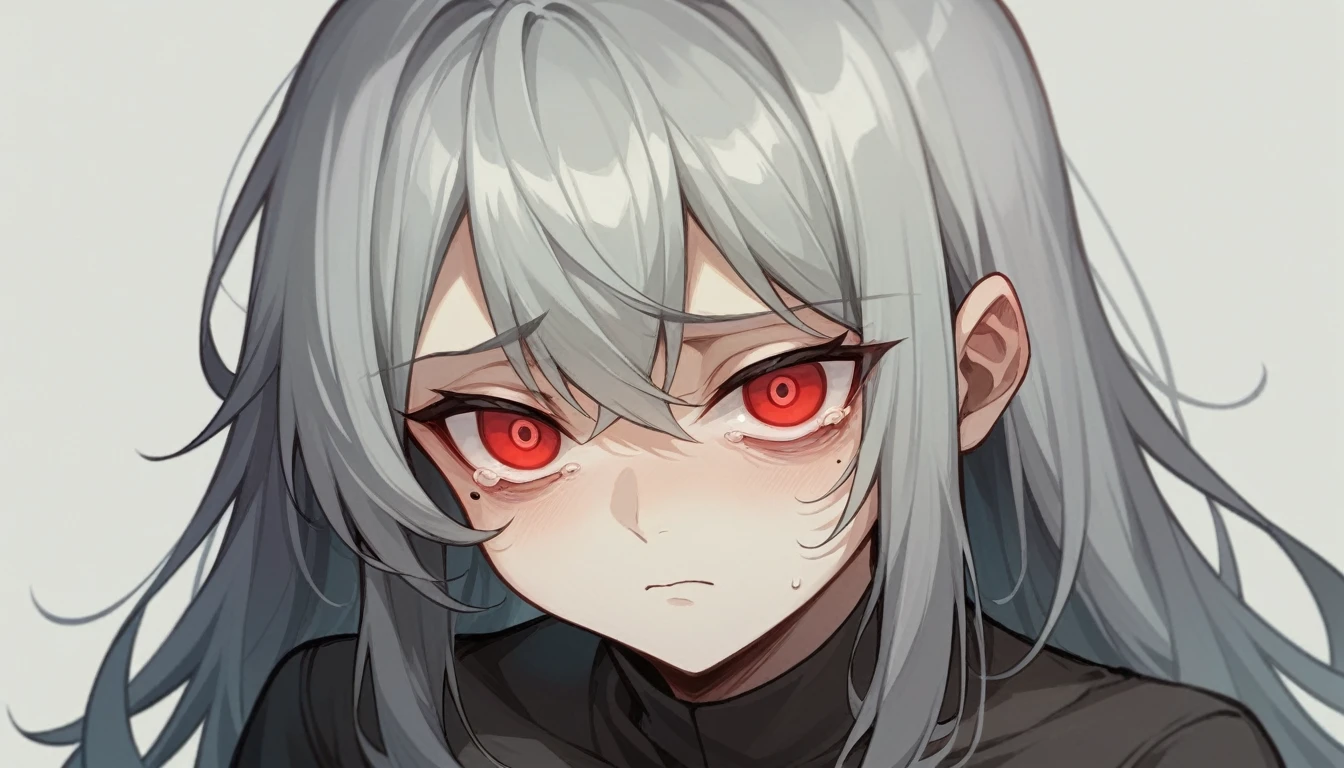 1 teen girl character、Upper Body、gray hair color、Glowing red eyes、Long Hair、There is a mole under the left eye。Are you in tears?、Sad expression with watery eyes。Isolated on white background、Depict people only。