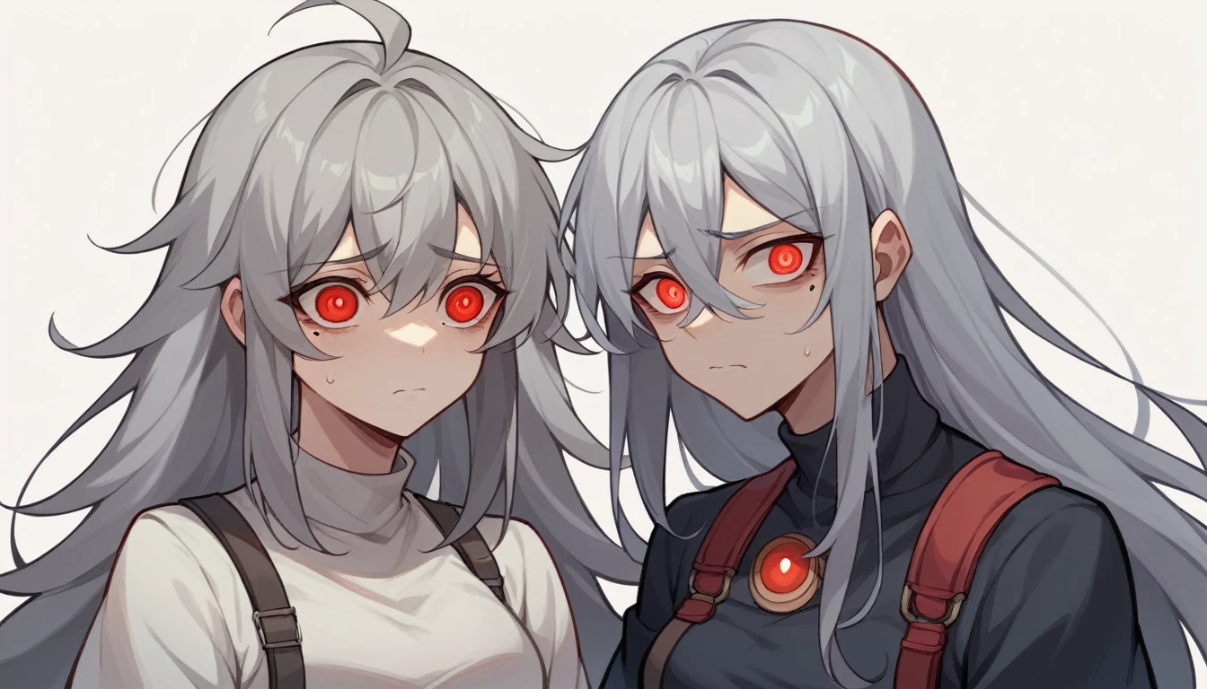 1 teen girl character、Upper Body、gray hair color、Glowing red eyes、Long Hair、There is a mole under the left eye。Are you in tears?、Sad expression with watery eyes。Isolated on white background、Depict people only。