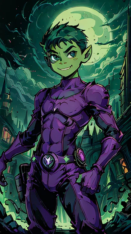 best quality,masterpiece,1boy,solo,(((13years old))),japanese boy,an extremely cute and handsome boy,highly detailed beautiful face and eyes,petit,cute face,lovely face,baby face,shy smile,show teeth,green skin,green hair,short hair,flat chest,skinny,slender(((wearing a Beast Boy costume))),(((Heroic pose in Dark Midnight Fantasy style Gotham castle))),he is looking at the viewer,