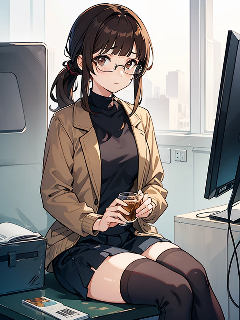 1girl, medium build, sitting, round glasses, brown hair, blunt bangs, low ponytail, brown eyes, unimpressed, neutral, skeptical, Modern, (((contemporary))),