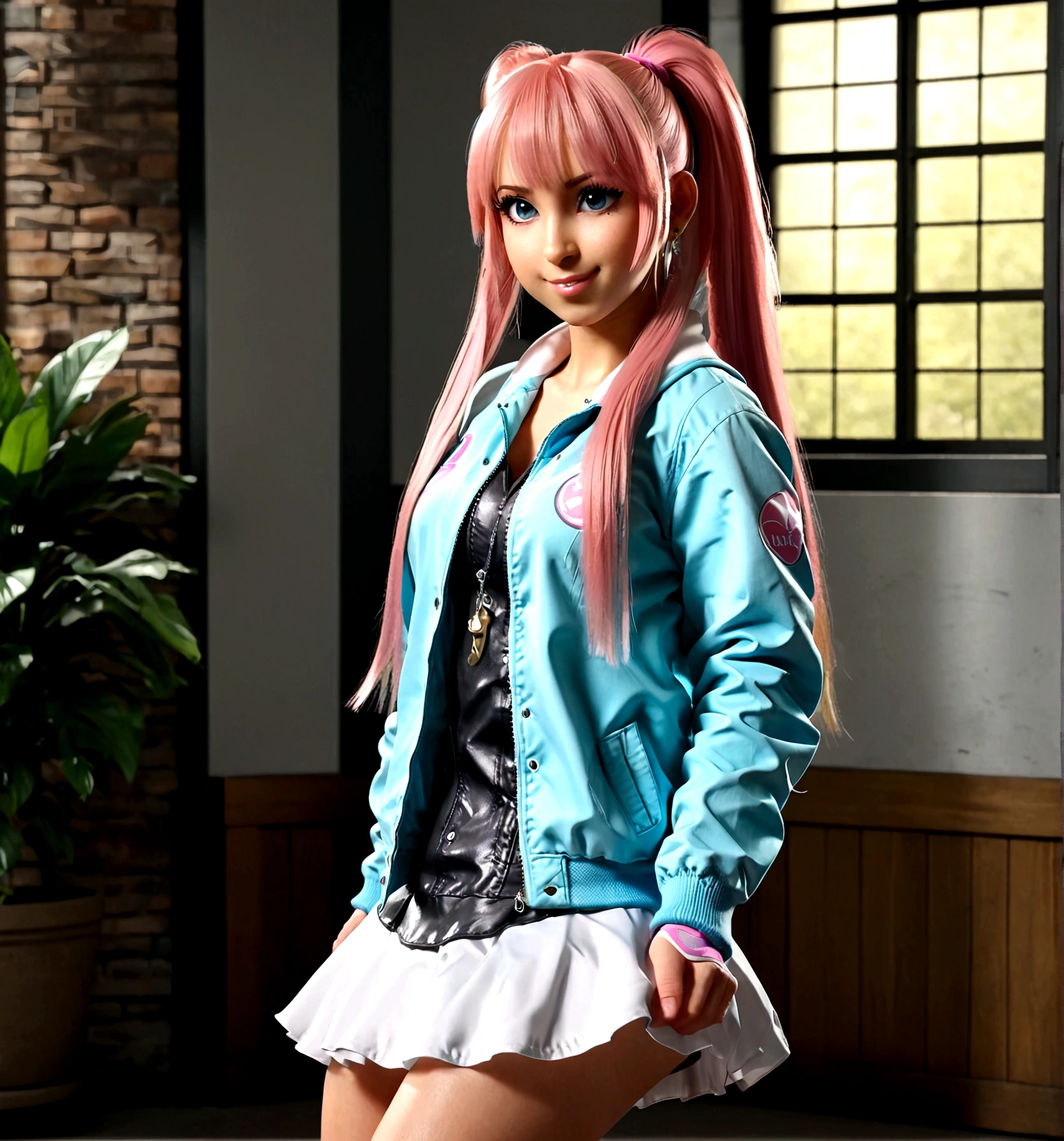 detailed image, beautiful girl portrait, (full body:0.5), (sexy:1.0), black eyes, long pink hair, ponytail, ((blue Adidas jacket:1.0)), white shirt, black skirt, HD, VFX, Anime, 8k, (good quality:1.0), Eyes, Beautiful eyes, colored skin, looking at viewer, pretty smile, hands crossed behind,mlpfluttershy,hair ornament, fluttershy, chibi inset,  style chibi, cute, fanart, Sexy woman body.