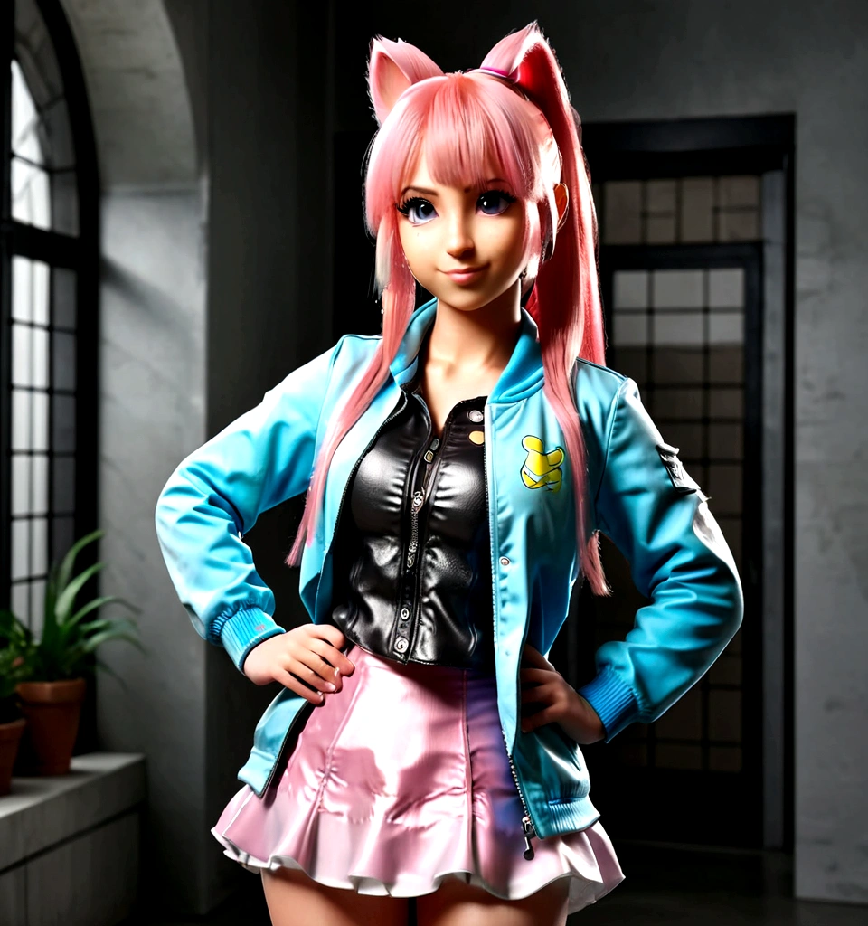 detailed image, beautiful girl portrait, (full body:0.5), (sexy:1.0), black eyes, long pink hair, ponytail, ((blue Adidas jacket:1.0)), white shirt, black skirt, HD, VFX, Anime, 8k, (good quality:1.0), Eyes, Beautiful eyes, colored skin, looking at viewer, pretty smile, hands crossed behind,mlpfluttershy,hair ornament, fluttershy, chibi inset, style chibi, cute, fanart, Sexy woman body.
