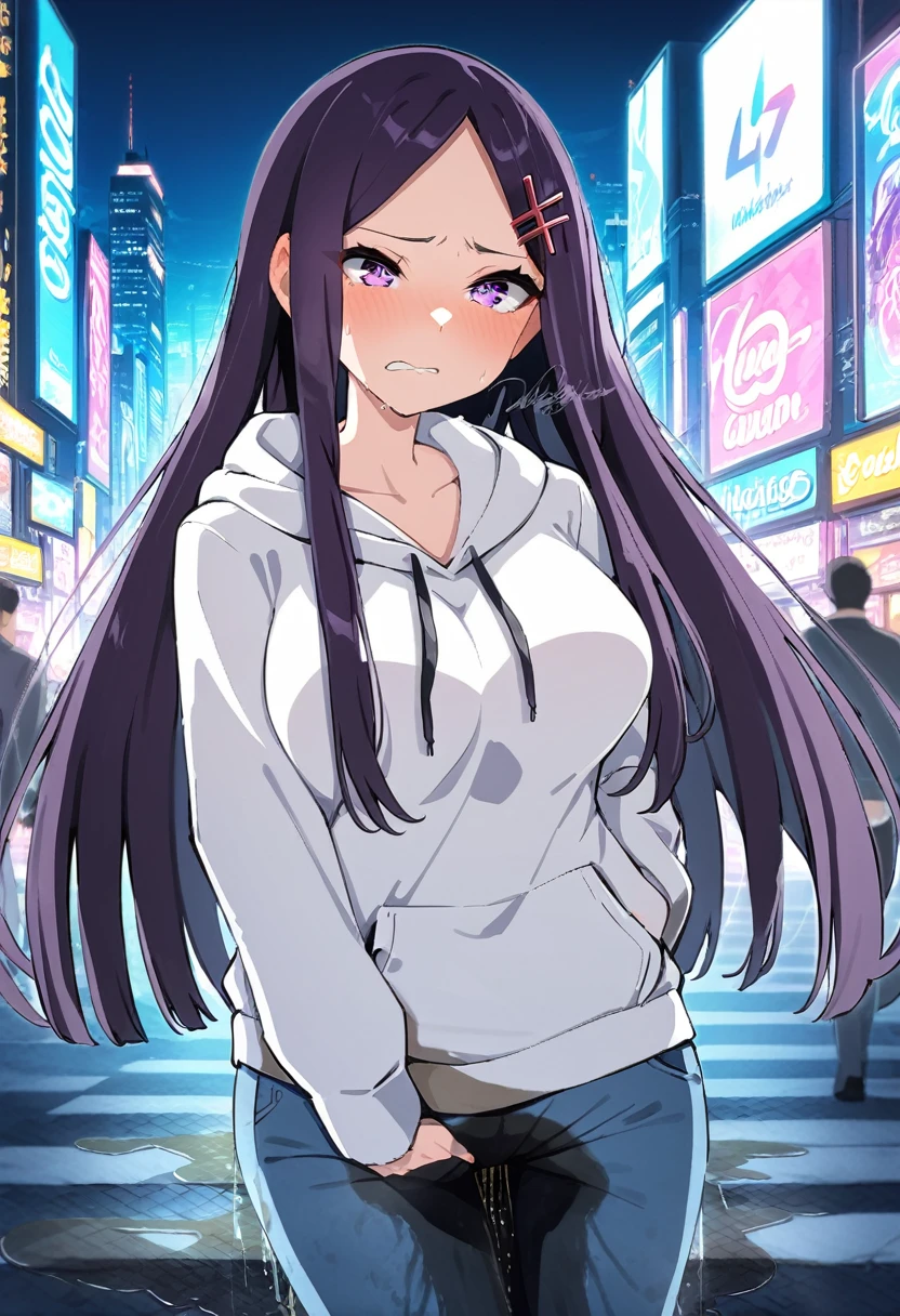 (masterpiece:1.37), best quality, (extremely detailed:1.37), (1girl:1.5), woman, (mature:1.5), (adult:1.5), large breasts, very long hair, (straight hair:1.5), dark purple hair, purple eyes, (extremely detailed eyes:1.37), hoodie, jeans, desperation, (wetting self:1.5), standing, embarrassed, humiliation, blushing, angry, city, futuristic, neon lighting, high-tech, street, skyscraper