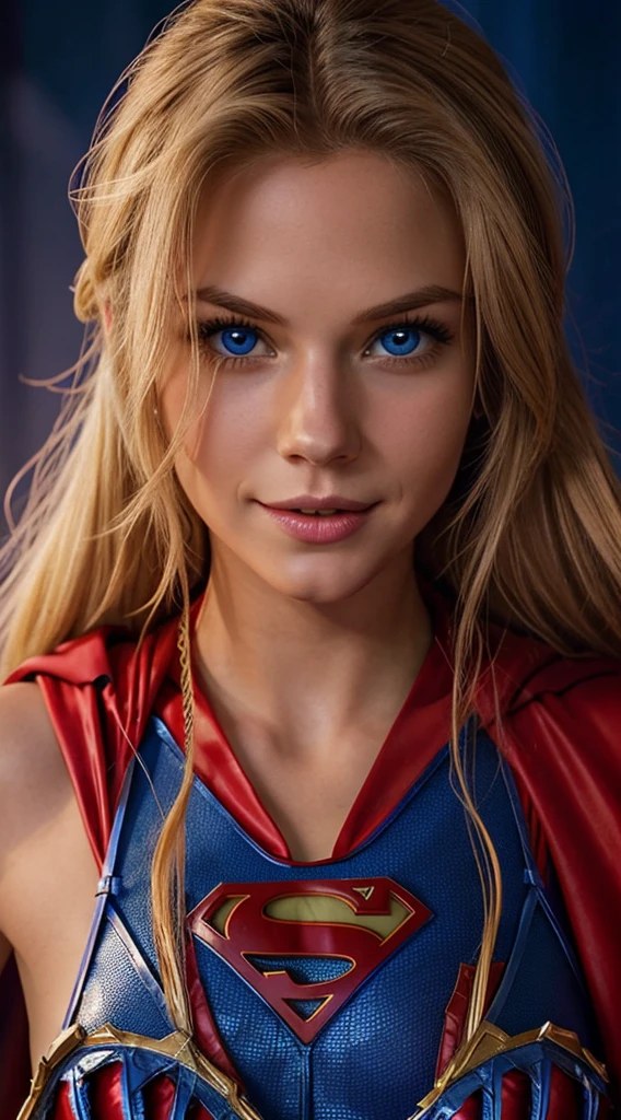 The character Supergirl, perfect blue and red costume with the traditional "S" in the chest, red cape, shiny little blue eyes, extremely beautiful blond hair, beautiful smile , perfect anatomy and extremely beautiful face, hyperrealistic face