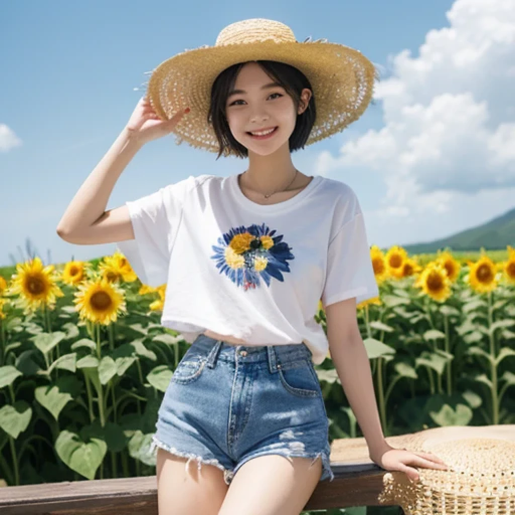 Japanese、18-year-old、Very slim、((Smiling))、Summer clothing、Blue sky、White cloud、sunflower、Straw hat、T-Shirts、Shorts、short hair