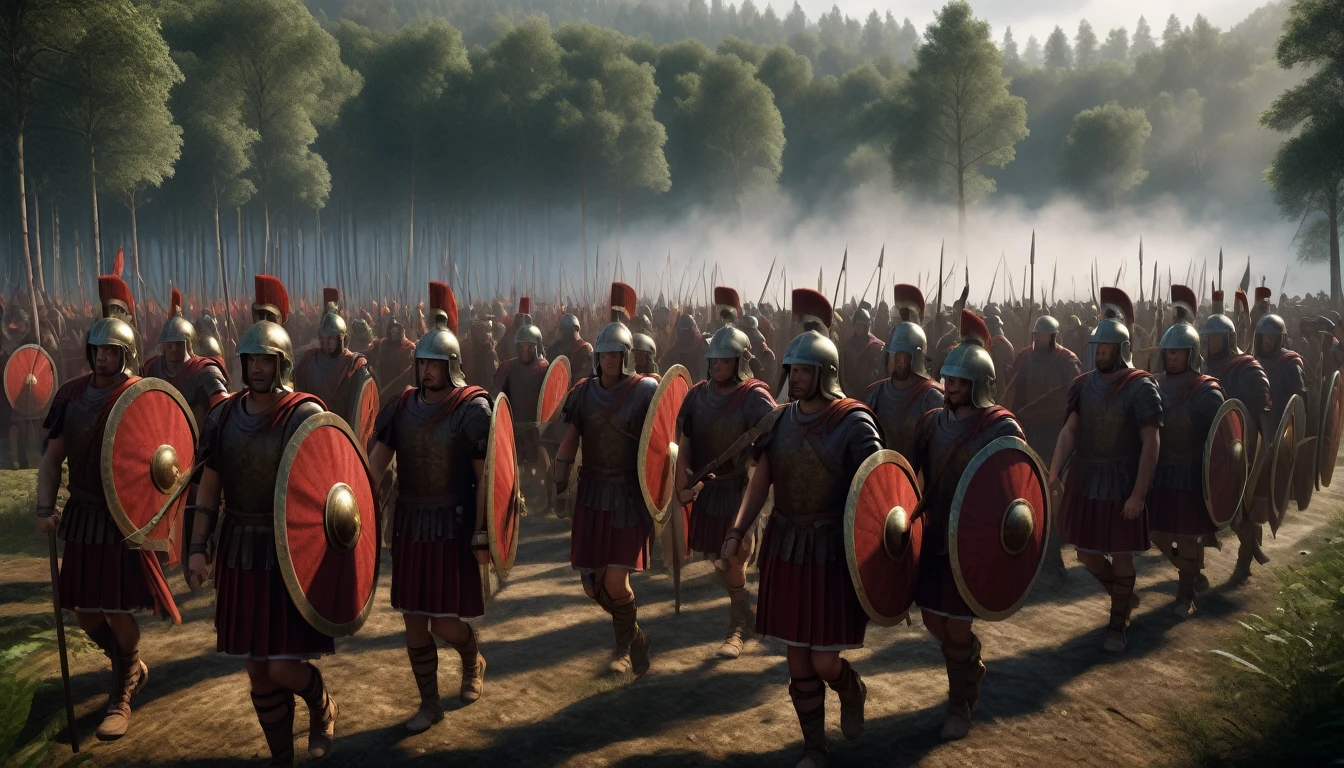 Generate a hyperrealistic, high-definition, ultra-detailed image of Roman soldiers under the command of Suetonius Paulinus during the campaign on the Isle of Mona. Show the soldiers in formation, with misty forests and druidic rituals in the background. Use dynamic lighting to create an intense and mystical atmosphere