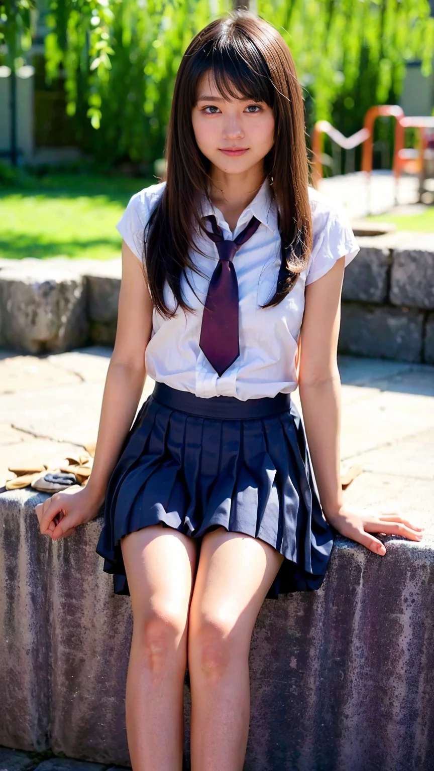 Pure young Japanese school girl, natural body, beautiful legs, wearing uniforms, (panty), socks, sneakers, natural makeup, natural hairstyles, sweet smile, sitting, spread wide legs, lift up skirt, professional portrait photography, sunlight, 