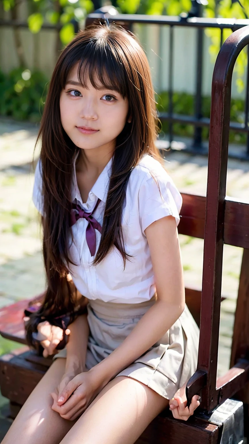 ((((detailed explanation)))),(((masterpiece、Highest quality、Very detailed:1.42、Focus on the eyes)))、Japanese high school girl posing in the schoolyard in the evening、白いシャツと紺色のPleated skirtを着用、Red ribbon tie、The shirt is clean、The shirt is well ironed、Shirt sleeves rolled up slightly to the elbows、A simple silver bracelet on her wrist、The skirt of the uniform is above the knee、Pleated skirt、The model has naturally straight, black hair that reaches her shoulders.、Bangs should be slightly over the eyebrowy hair is bathed in the sunlight、The hair is soft and shiny、His face is well-formed.、大きな瞳はPure and bright expression、The skin is translucently white、The slightly reddish cheeks give a healthy impression.、natural pink lips、When she smiles, she has small dimples、In the background is a large schoolyard.、Slightly rusty iron bars and playground equipment、The sky is sunset、Orange, pink and purple gradation、The lighting is soft and natural、Warm colors illuminate her face and uniform.、Natural smile、Her left hand is lightly lifting the edge of her skirt、The right hand is placed on the hip、A relaxed yet confident pose、Eyes are directed towards the camera、Pure and bright expression、The freshness of youth and the calm atmosphere of the evening、(((Elegant yet approachable photography)))