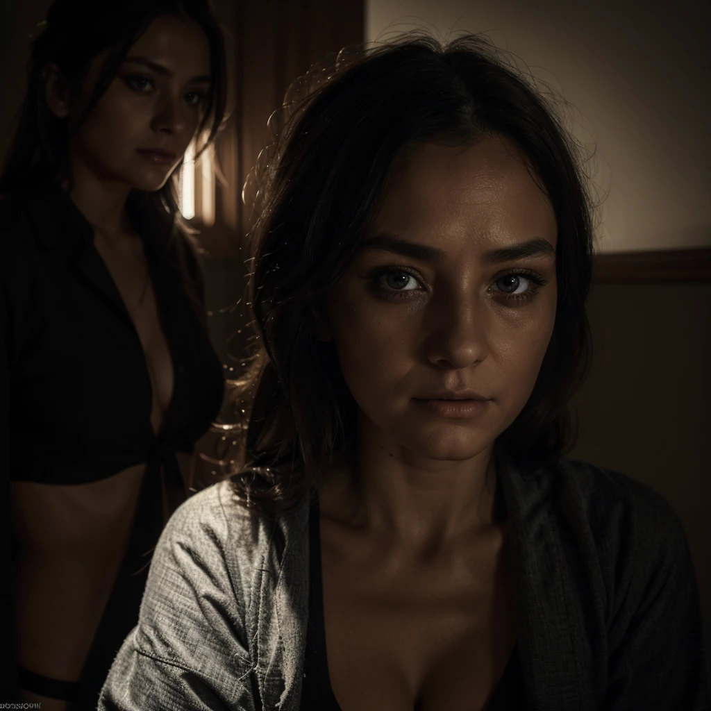 a detailed old man dressed as a doctor, hypnotizing a serene young woman dressed in a thong without a bra, the woman in a trance remains standing, looking directly into the doctor's eyes with a blank expression, the woman opens her uniform to allow the doctor to examine her, beautiful detailed eyes, beautiful detailed lips, extremely detailed eyes and face, long eyelashes, cinematic lighting, dramatic shadows, chiaroscuro, dark and moody, muted colors, surreal, unsettling atmosphere, (best quality,4k,8k,highres,masterpiece:1.2),ultra-detailed,(realistic,photorealistic,photo-realistic:1.37)