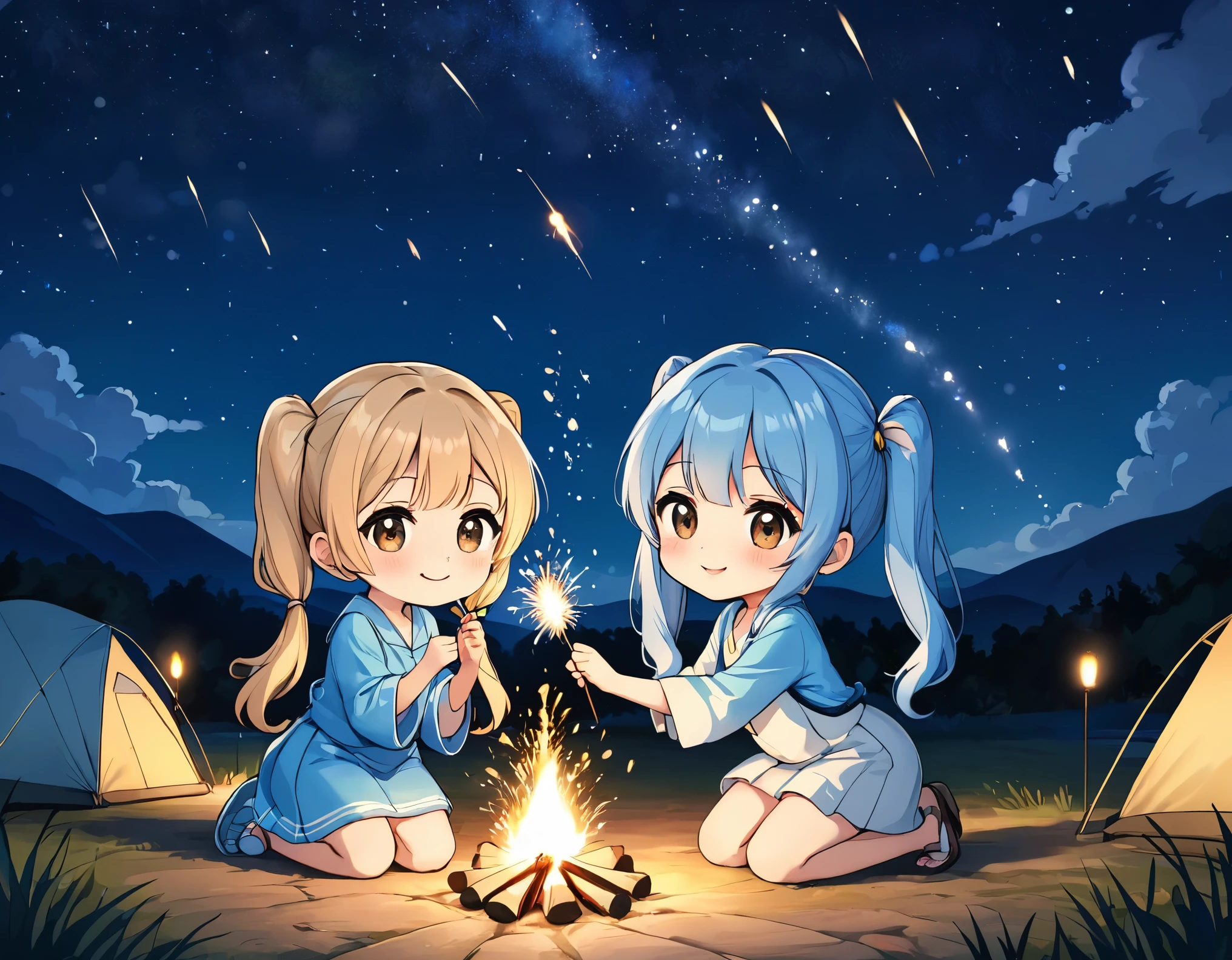 Campfire、Two Girls,1 Chibi Character、Nice face,Dark Eyes、Light blue long hair、Beautiful girl with twin tails,Crouched down holding a sparkler and watching the sparks fly、Bright smile、Warm and soft lighting,Night Sky,Starry Sky