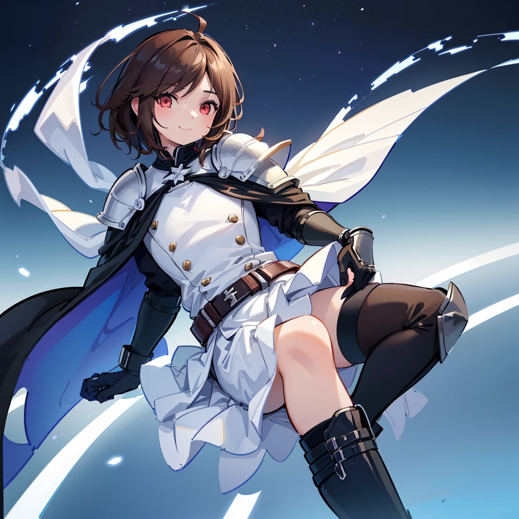 (((1boy))), Femboy, superhero, crossdresser man, teenager, in a school, (white long sleeved cocktail shirt), (long black skirt with a white stripe), with a (((white cape with a blue inner part))), a (((black chest armor plate with a white decal in the middle))), (black gloves) and (black boots), long technological red sword, ((brown skinned)), red eyes, feminine shoulder length dark brown hair, ((wide hips)), ((thick thighs)), flat chest, narrow waist, flying around in a beautiful futuristic floating in the sky city landscape, ((only one character)), (((solo))), ((smiling)), (((((realistic artstyle)))))