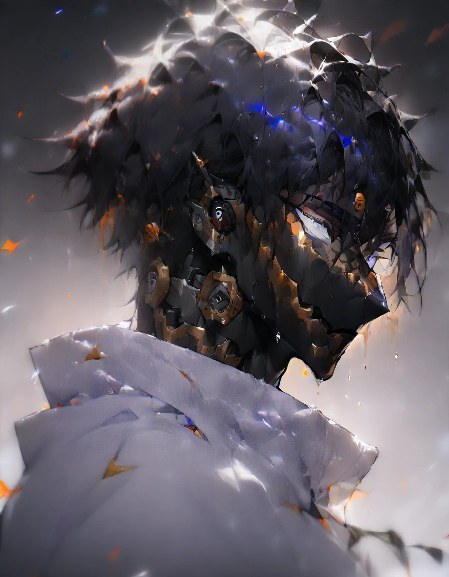 (1boy,jujutsu kaisen) solo, ((void skin color), robot, black hair, (layered cut), white bright eyes, masterpiece, best quality, high quality, upper body, male focus,