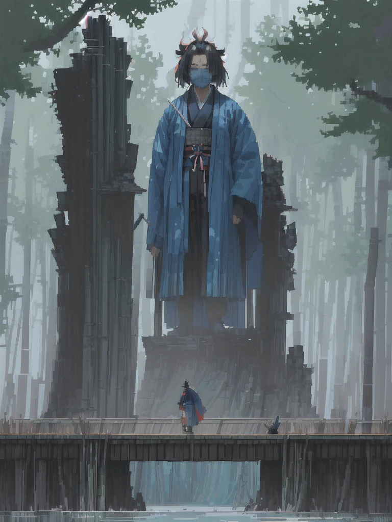 Miyamoto Musashi wearing simple blue samurai clothes is riding a small wooden boat in the middle of a swamp with somewhat Green water He was looking at the swamp while standing proudly looking at the swamp trees,Pixel Art Aesthetic