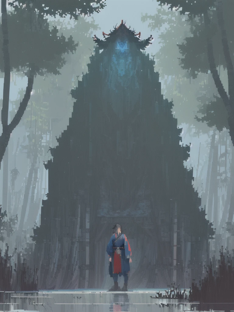 Miyamoto Musashi wearing simple blue samurai clothes is riding a small wooden boat in the middle of a swamp with somewhat Green water He was looking at the swamp while standing proudly looking at the swamp trees,Pixel Art Aesthetic