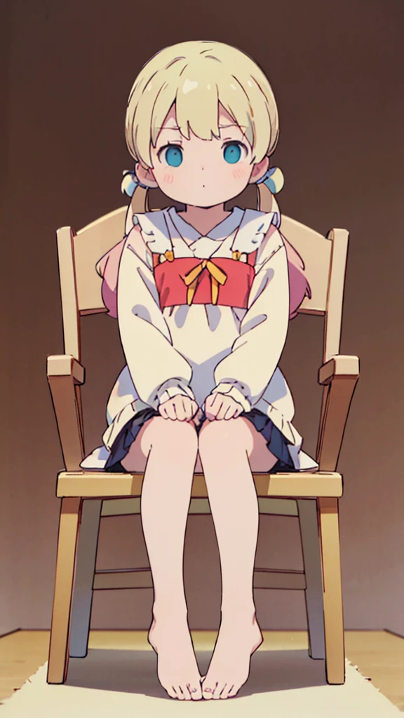((masterpiece))((Highest quality))Sitting in a chair、Blonde twin tails、(So that your whole body can be seen)、Directly in front、No background、(Put your feet on the ground)