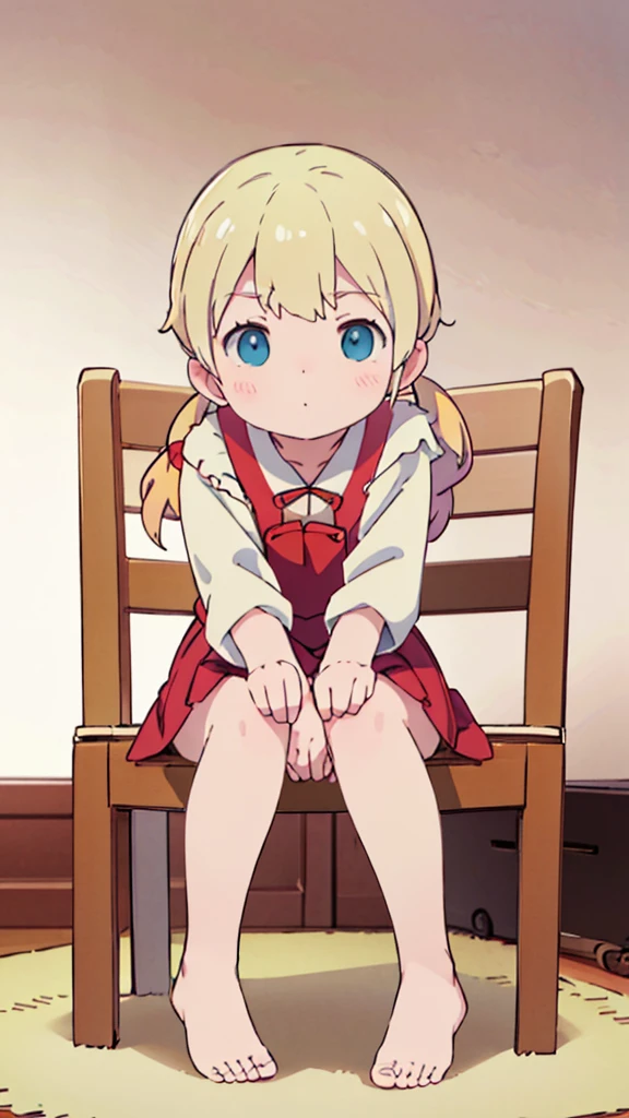 ((masterpiece))((Highest quality))Sitting in a chair、Blonde twin tails、(So that your whole body can be seen)、Directly in front、No background、(Put your feet on the ground)
