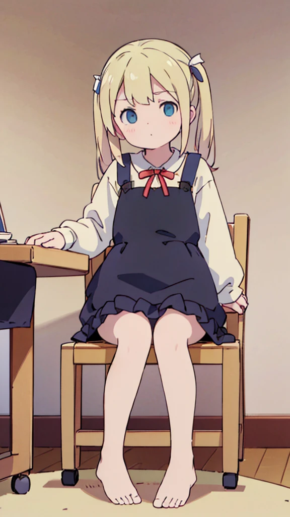 ((masterpiece))((Highest quality))Sitting in a chair、Blonde twin tails、(So that your whole body can be seen)、Directly in front、No background、(Put your feet on the ground)