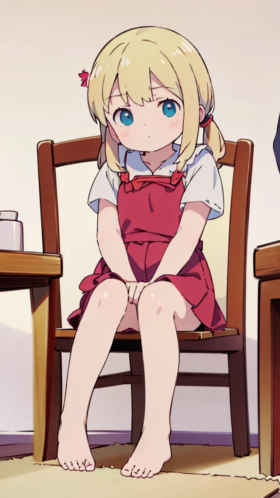 ((masterpiece))((Highest quality))Sitting in a chair、Blonde twin tails、(So that your whole body can be seen)、Directly in front、No background、(Put your feet on the ground)