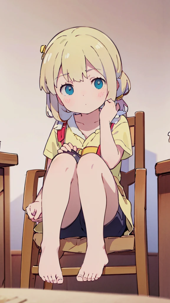 ((masterpiece))((Highest quality))Sitting in a chair、Blonde twin tails、(So that your whole body can be seen)、Directly in front、No background、(Put your feet on the ground)