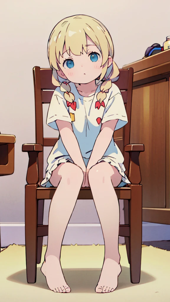 ((masterpiece))((Highest quality))Sitting in a chair、Blonde twin tails、(So that your whole body can be seen)、Directly in front、No background、(Put your feet on the ground)