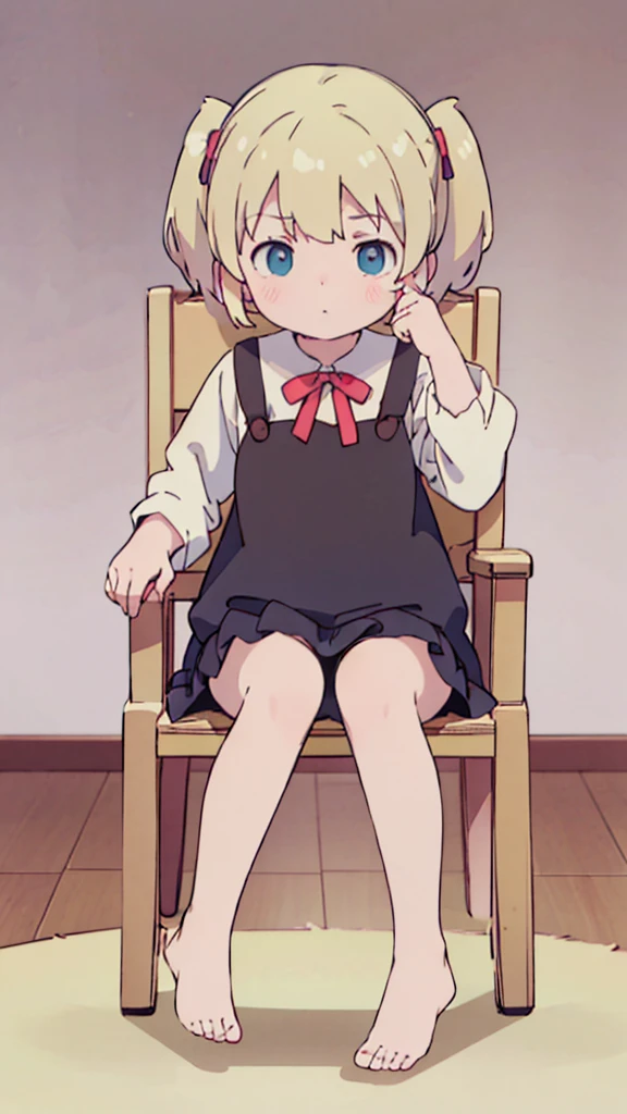 ((masterpiece))((Highest quality))Sitting in a chair、Blonde twin tails、(So that your whole body can be seen)、Directly in front、No background、(Put your feet on the ground)
