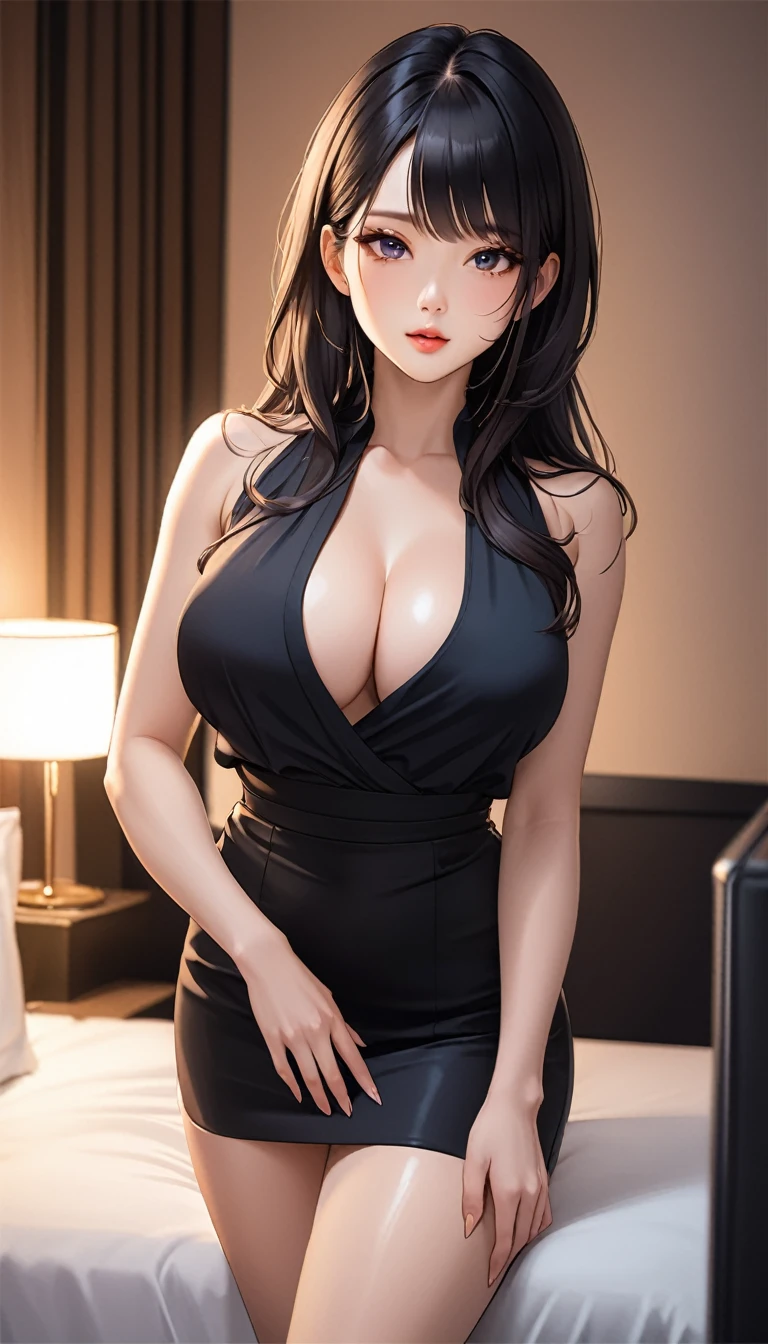 masterpiece, high resolution, beautiful woman, Korean Beauty, 30 years old, black sleeve less, mini pencil skirt, beautiful woman, night hotel, looking at me, (high resolution face), (high resolution eyes), black hair, big tits