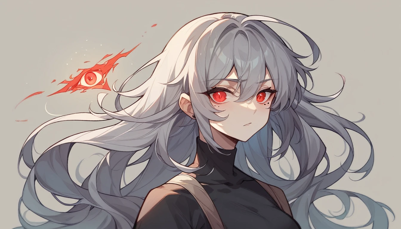 1 girl character。Upper Body、gray hair color、Glowing red eyes、Long Hair、There is a mole under the left eye。On a transparent background、Depict people only。