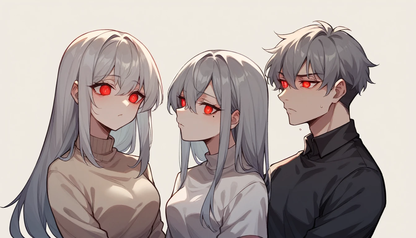 1 teen girl character。Upper Body、gray hair color、Glowing red eyes、Long Hair、There is a mole under the left eye。On a transparent background、Depict people only。