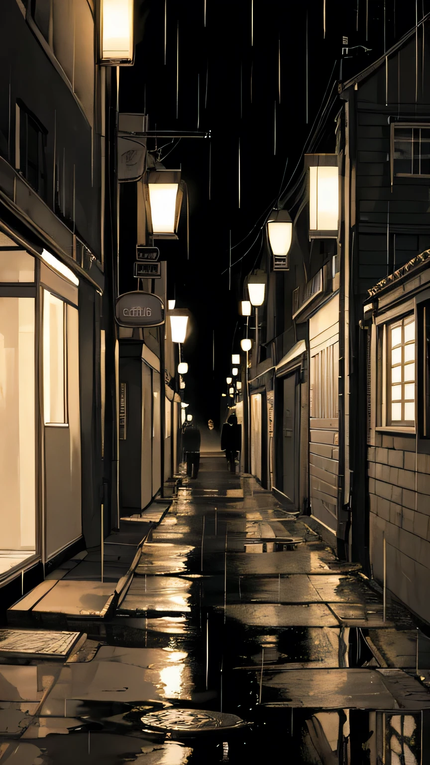 empty, A dark street in a rain-soaked city, Flickering streetlights cast long shadows on the deserted sidewalk, Loneliness and the days gone by々Awakens the desire for.