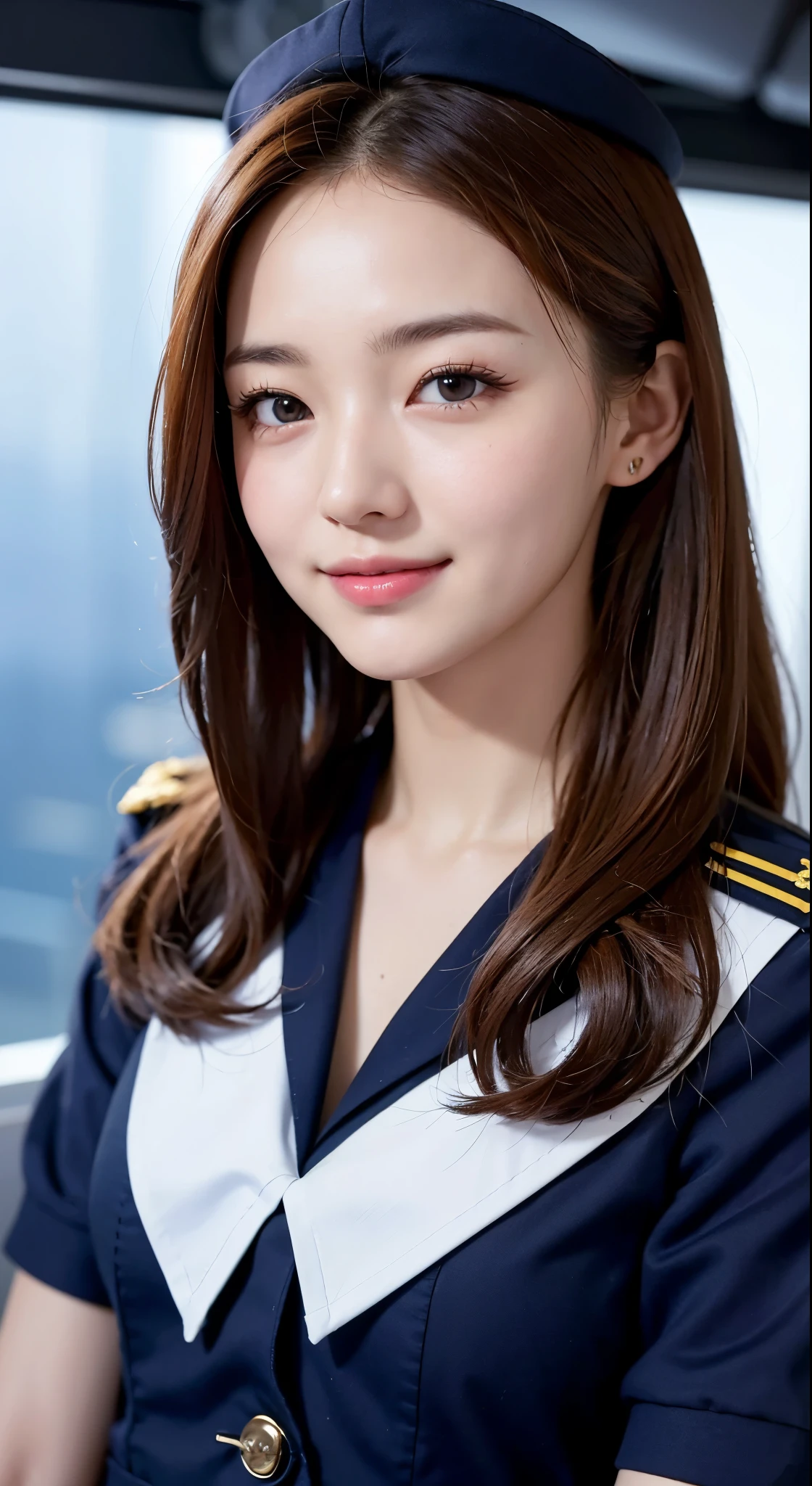 On board the USS John Paul Jones{{masterpiece, Highest quality, Highly detailed CG, unity 8k wallpaper, Cinematic Lighting, }}, Sony a7, Wide Frame, During the war with the Asian powers, Winds blowing on the Aegis ship, 1 Girl, whole body, smile, She is a US Navy sailor., White people, 20-year-old, smile, Chestnut Hair, Long eyelashes，Facial details，Girl in navy uniform

