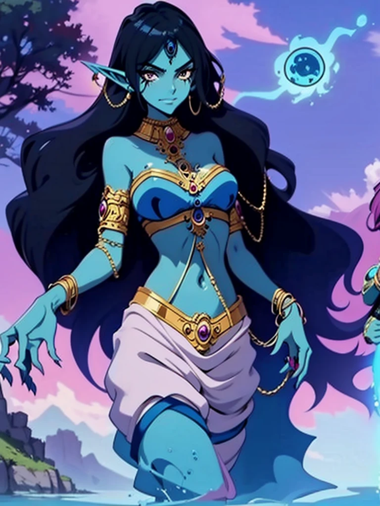 (Masterpiece, best quality, official art, 8K), ultra-detailed, 1 anime girl with blue hair and a chain around her neck, Human Hybrid Djinn, genie, (((ALONE))), Female Water Elemental Asian, Goddess Inanna, Maya Ali sorceress, The Greek goddess Afrotita, aesthetic!!!!!! (1 female genie), beautiful genie, evil goddess, maya ali as a storm sorceress, maya ali as a wind wizard, color concept art, spiritual fantasy concept art, Human Hybrid Djinn, complex fantasy character, blue-skinned elf.