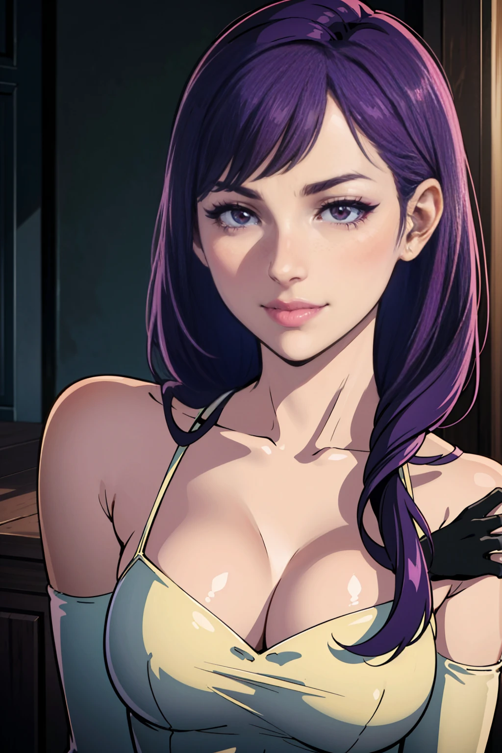 (((full body photo))), (1girl, full body photo, dress, long hair, purple hair, purple eyes, mask, long white elbow gloves, looking at viewer, warm smile, IvFE, (best quality,4k,8k,highres,masterpiece:1.2),ultra-detailed,(realistic,photorealistic,photo-realistic:1.37), colorful,vibrant colors,soft lighting,ethereal,elegant,graceful)