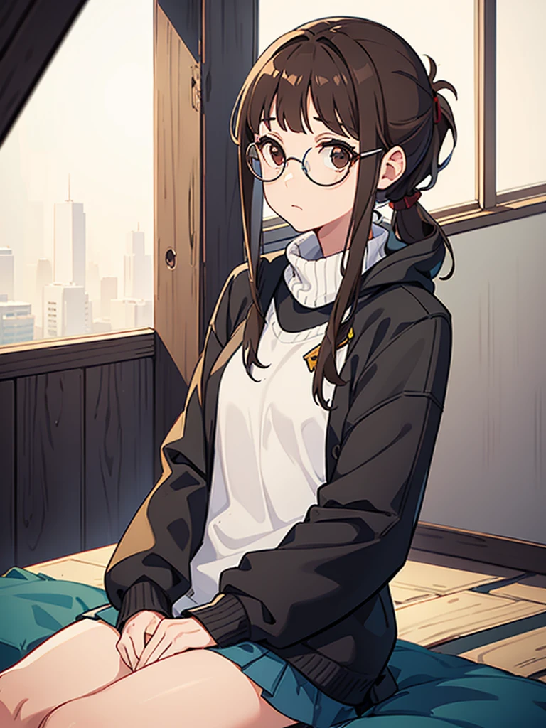 1girl, medium build, sitting, ((round glasses)), brown hair, blunt bangs, low ponytail, brown eyes, ((neutral)), (no expression), expressionless, Modern, (((contemporary))),