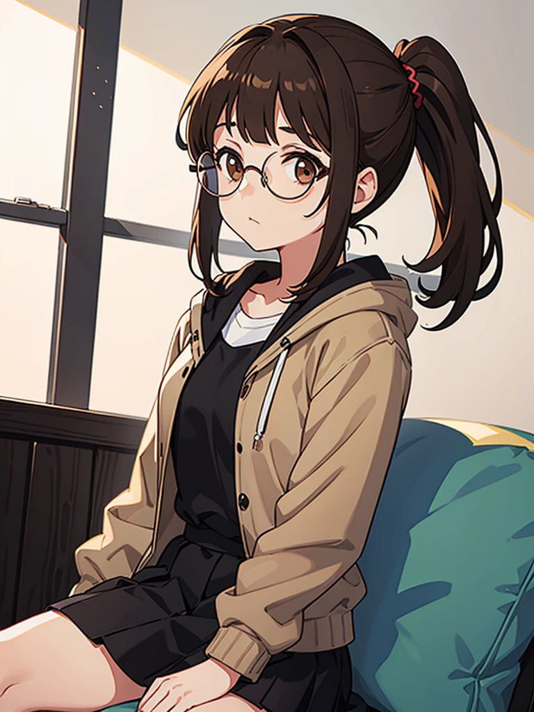 1girl, medium build, sitting, ((round glasses)), brown hair, blunt bangs, low ponytail, brown eyes, ((neutral)), (no expression), expressionless, Modern, (((contemporary))),