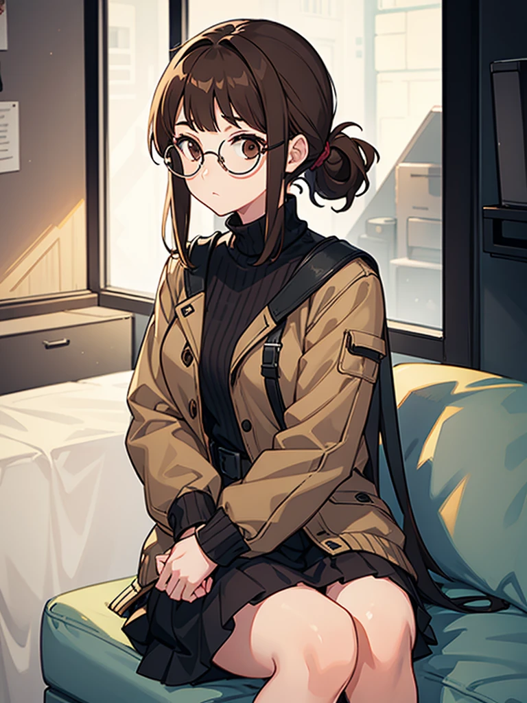 1girl, medium build, sitting, ((round glasses)), brown hair, blunt bangs, low ponytail, brown eyes, ((neutral)), (no expression), expressionless, Modern, (((contemporary))),