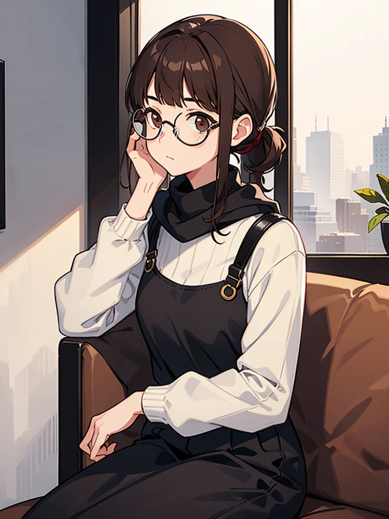 1girl, medium build, sitting, ((round glasses)), brown hair, blunt bangs, low ponytail, brown eyes, ((neutral)), (no expression), expressionless, Modern, (((contemporary))),
