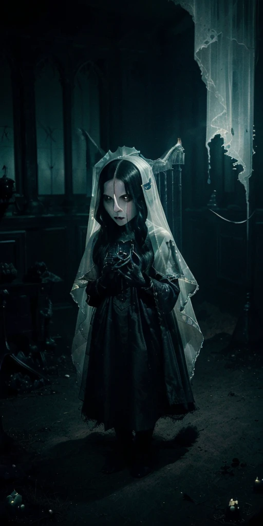 (((creature with a spectral and ghostly appearance)). Her skin is pale, almost black translucent, symbols of mourning and gothic elements, further emphasizing its dark air. is portrayed as a haunted and tormented entity,{creature}