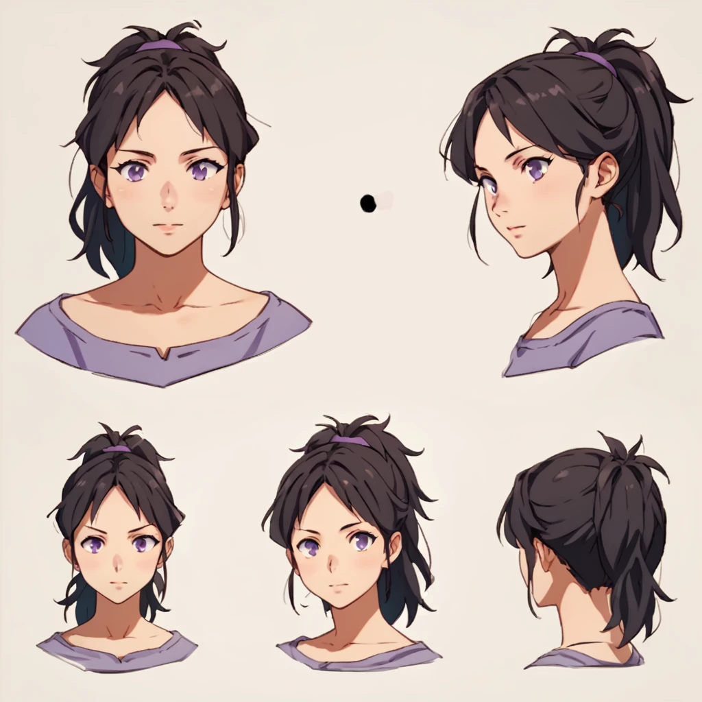 score_9, score_8_up, score_7_up, score_6_up, score_5_up, score_4_up, BREAK source_anime, frond an side, multiple views,  front and side, headshot,1 Mature female,human, Dark hair with purple strands, Ponytail, purple eyes,